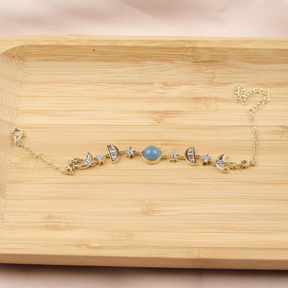 Aquamarine Moon & Star Charm Bracelet for Women, Gold Celestial Jewelry with Soft Blue Accent Stone, Calm Gift for Her, 22cm / 8.66in