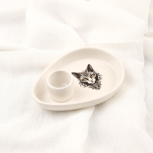 Meditating Third Eye Cat Design Black And White Palo Santo Holder | Ceramic Cleansing Tray | 9x14x4cm Authentic Unique Sandal Ash Catcher