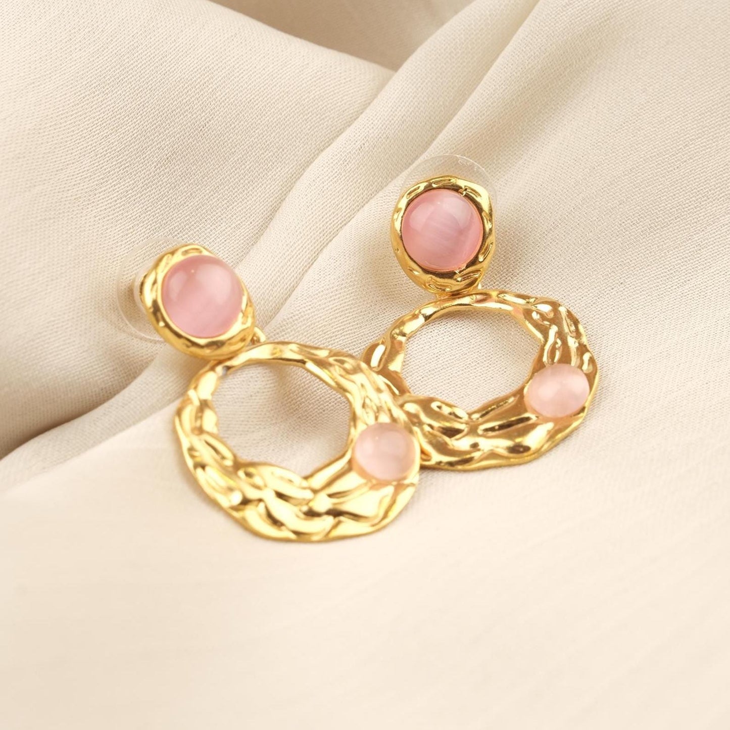 Handmade Gold Plated Stud Earrings with Rose Quartz Gemstones, Artistic Drop Design, Vintage Style Elegant Gift, Unique Statement Jewelry