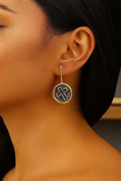 Handmade Gold Plated Cross Dangle Earrings, Textured Round Drop Design with Antique Looking Finish, Faith Inspired Elegant Gift for Her