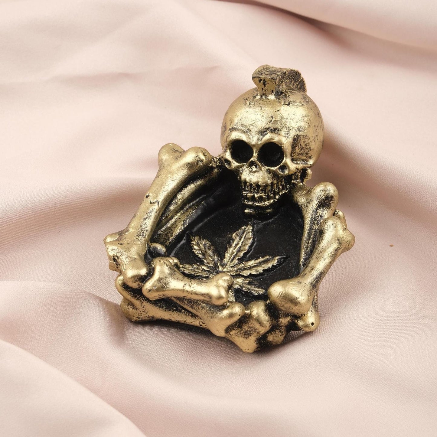 Gold & Black Marijuana Leaf Ashtray in Skeleton Form, Gothic and Hippie Art Cigarette Lid for Smokers, Unique Smoking Accessory | Skull Art