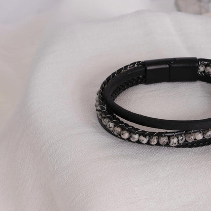 Moonstone & Silver Detailed Men’s Bracelet | 22cm | Genuine Turkish Leather, Stainless Steel, Minimalist Black Design