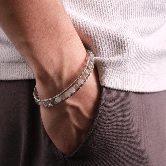 Silver & White Gemstone Wrapped Men's Bracelet in Silver 22cm Genuine Leather , Gemstone, Durable, Stylish Gift for Him