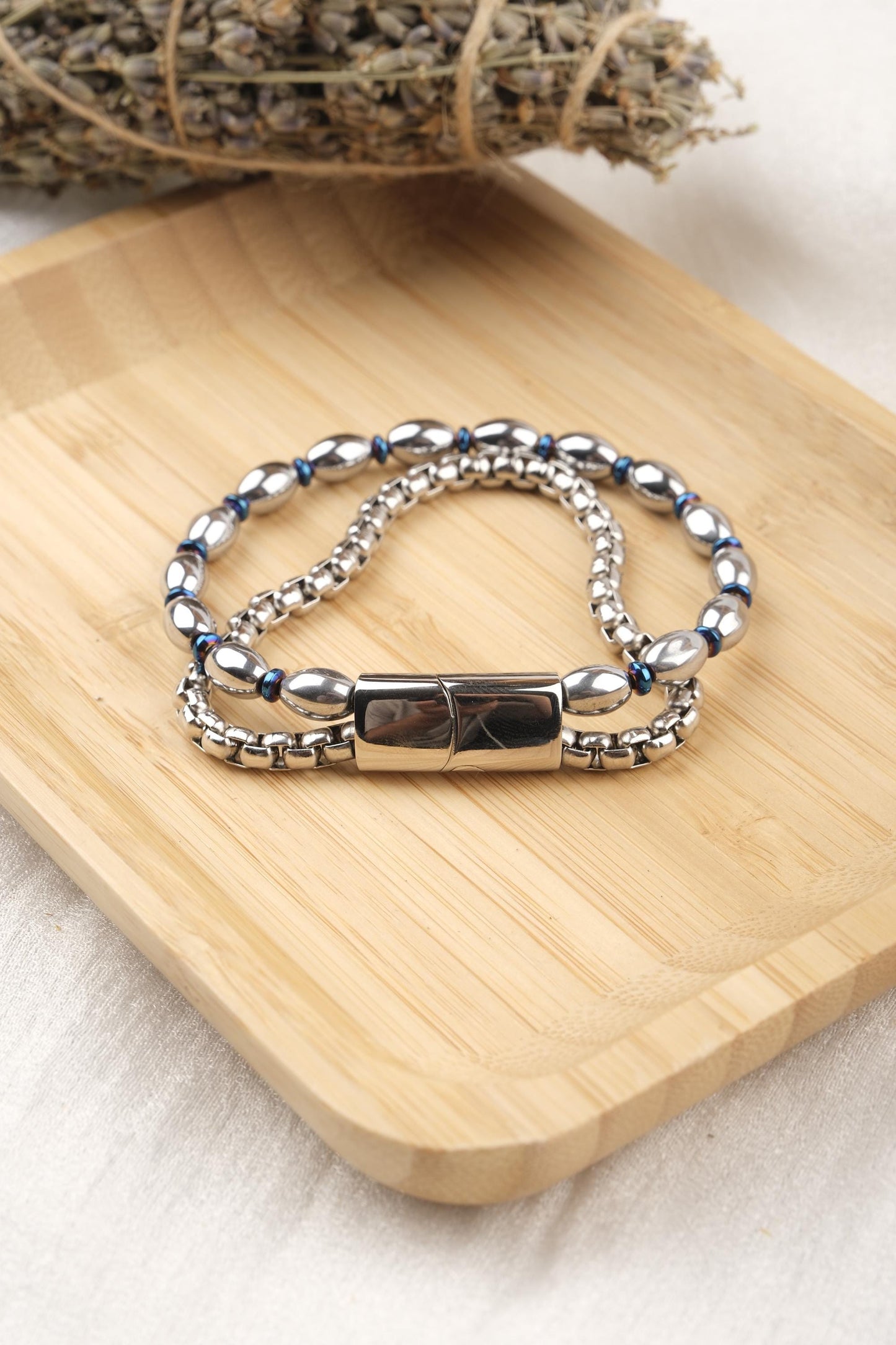Dual Energy, Double Layer Hematite Leather Bracelet for Men, Silver and Crystal Stone Gift for Him, Stylish Wristband