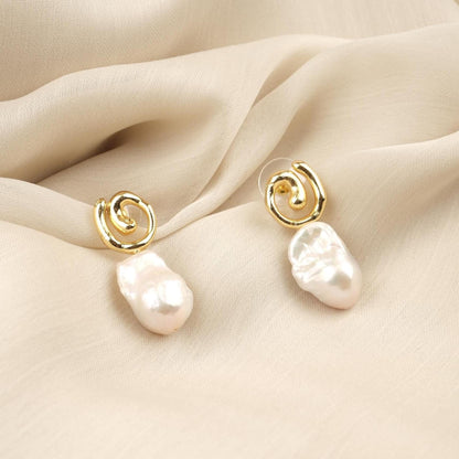 Handmade Genuine Pearl Abstract Modern Earrings, Artistic Gold Plated Studs, Unique Organic Baroque Design For Elegant Statement Style