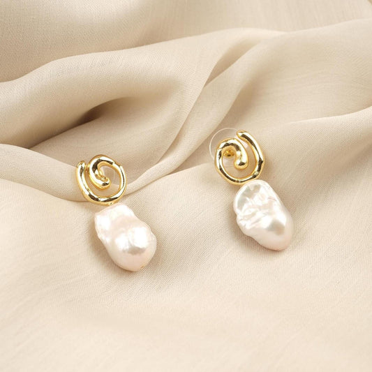 Handmade Genuine Pearl Abstract Modern Earrings, Artistic Gold Plated Studs, Unique Organic Baroque Design For Elegant Statement Style