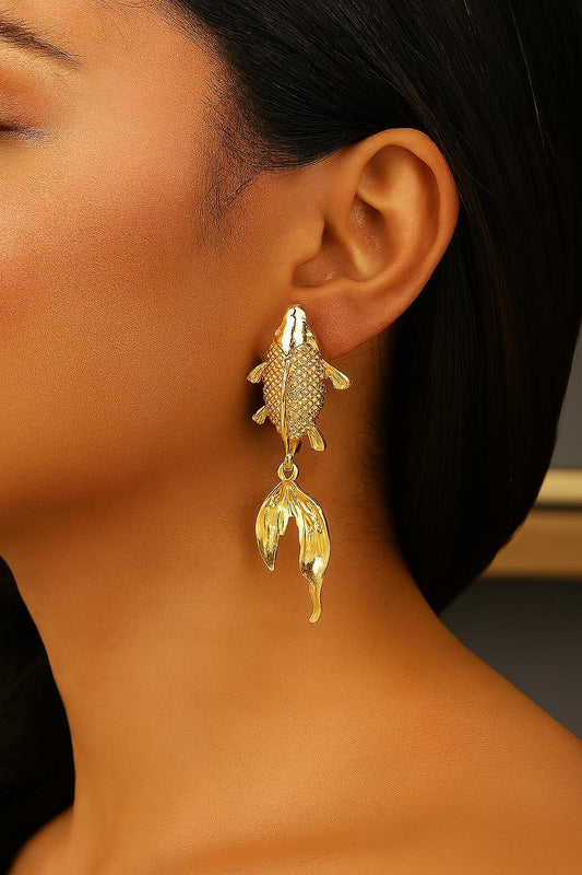 Handmade Gold Plated Koi Fish Stud Earrings, Elegant Symbolic Design with Flowing Tail, Artistic and Antique Looking Statement Jewelry Piece