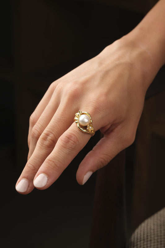 Handmade Artistic Design Ring With Faux Pearl Centerpiece, Adjustable Antique Looking And Vintage Style Gold Plated  With Delicate Detailing