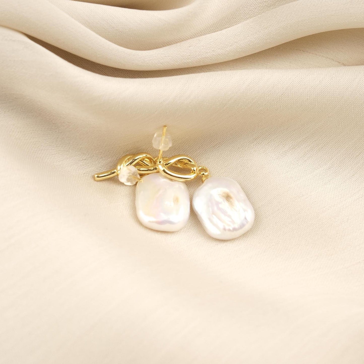 Handmade Genuine Pearl Tie Style Studs, Gold Plated Twisted Detail Earrings, Elegant Minimalist Jewelry For Women, Modern Freshwater Charm