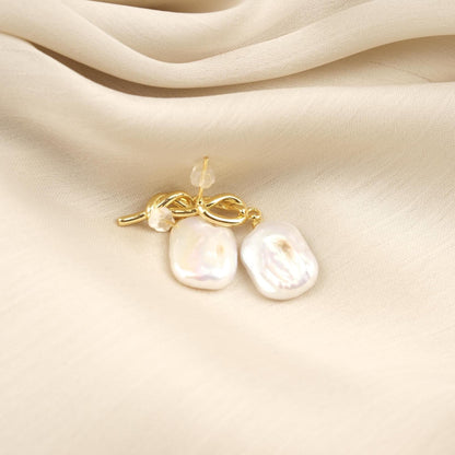 Handmade Genuine Pearl Tie Style Studs, Gold Plated Twisted Detail Earrings, Elegant Minimalist Jewelry For Women, Modern Freshwater Charm