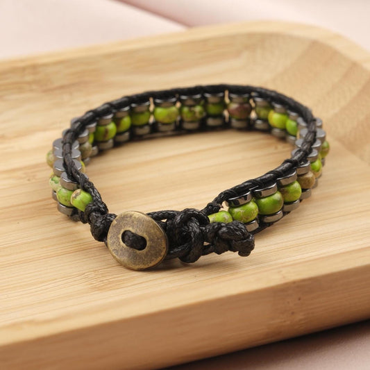 Stone of Vitality, Green Jasper & Hematite Leather Bracelet for Men, Bold Crystal Wristband Gift, Rugged Earthy Style, 21cm / 8.26in