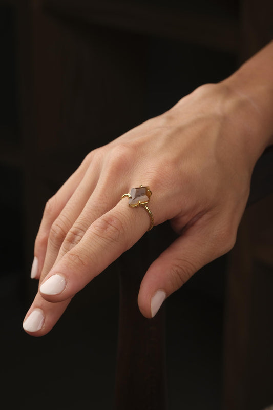 Handmade Diamond Ring, Drop Style Antique Looking And Vintage Style Gold Plated Adjustable , Green Gemstone Elegant Artisan Crafted Ring