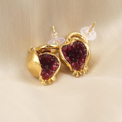 Handmade Gold Jade Pomegranate Stud Earrings, Artistic Fruit-Inspired Design with Deep Red Crystal Beads, Unique Vintage Style Gift Idea