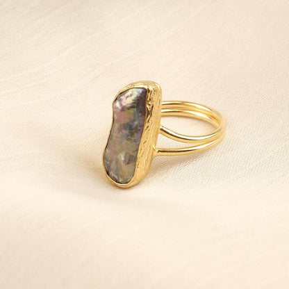 Handmade Black Genuine Pearl Statement, Antique Looking & Vintage Style Gold Plated Ring With Sculptural Artistic Abstract Design For Women