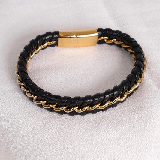 Black and Gold Men’s Bracelet, Genuine Leather, Gold Steel Plated, 22cm, Bold and Durable, Statement Jewelry for Him