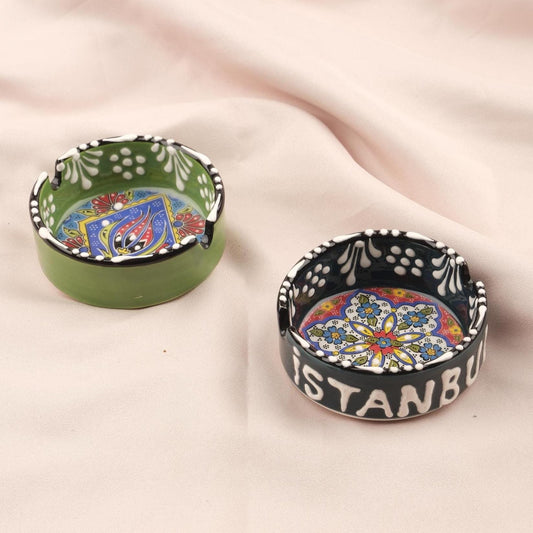 Buy1 Get1 | Handmade, Antique Looking Vintage Style Ashtray in Green & Navy Blue with Istanbul Writing