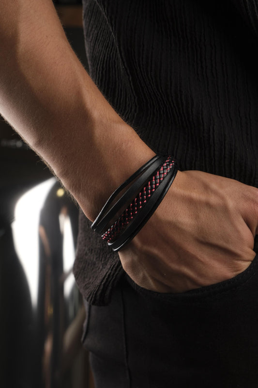 Black Leather Titanium Lock  Men's Bracelet – 22cm Bold Design with Red Stitching and Gold Accent