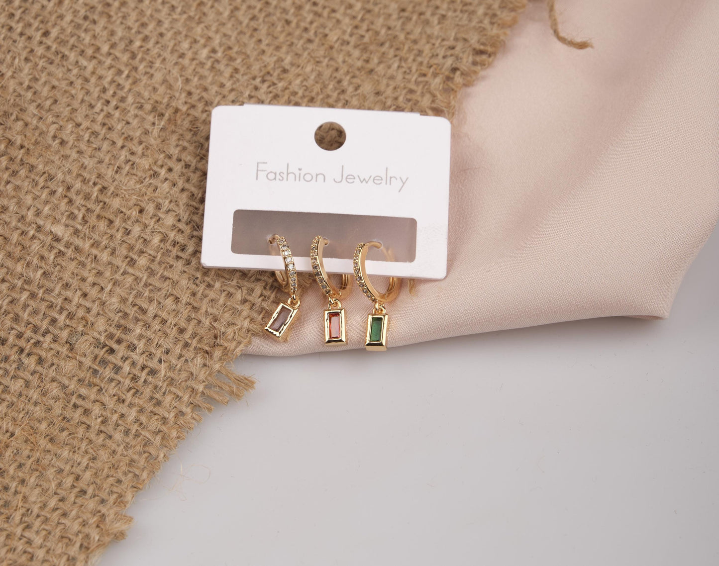 Gold Rectangle Emerald Earrings Set, Buy 1 Get 1 Bundle Of 6, Minimalist Hypoallergenic Jewelry For Women, Made In Brass