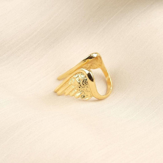 Spiritual Feather & Angel Design Ring Antique Looking And Vintage Style Gold Plated Adjustable , Celestial Inspired Statement Jewelry Gift