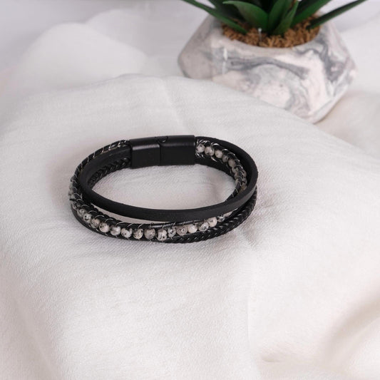 Moonstone & Silver Detailed Men’s Bracelet | 22cm | Genuine Turkish Leather, Stainless Steel, Minimalist Black Design