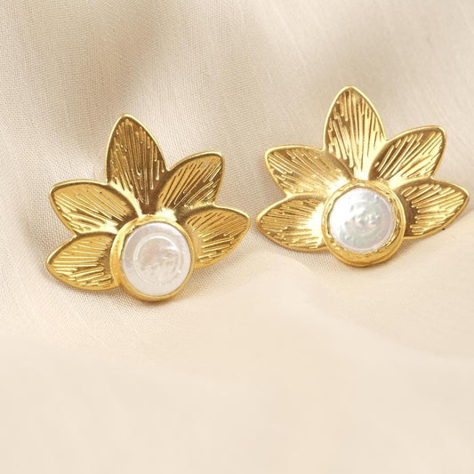Handmade Real Pearl Lotus Flower Stud Earrings with Genuine Freshwater Pearl, Unique Zen Mode Jewelry, Antique Looking Nature-Inspired Gift