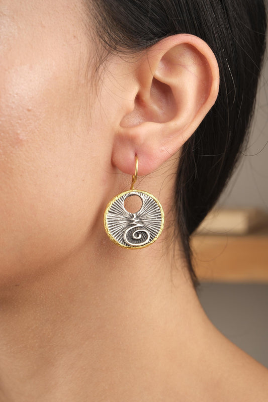 Handmade Abstract Chakra Dangles, Symbol Earrings, Dual Tone Gold Plated Bohemian Jewelry, Unique Artistic Design With Spiritual Symbolism
