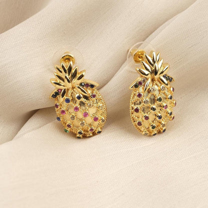 Handmade Gold Plated Pineapple Stud Earrings, Sparkling Diamond Detail Fruit Jewelry, Playful Tropical Design, Unique Fun Statement Style