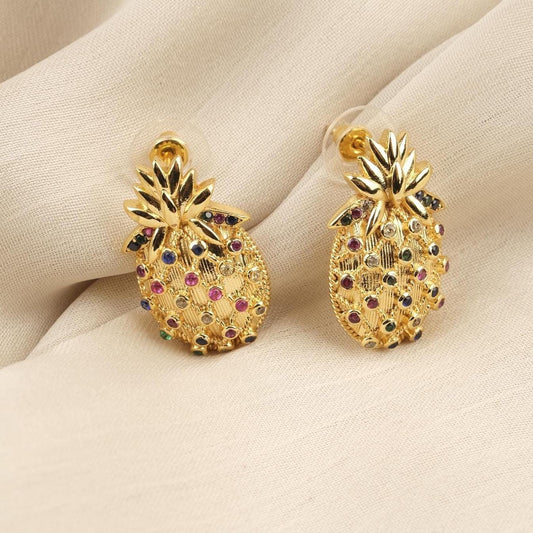 Handmade Gold Plated Pineapple Stud Earrings, Sparkling Diamond Detail Fruit Jewelry, Playful Tropical Design, Unique Fun Statement Style