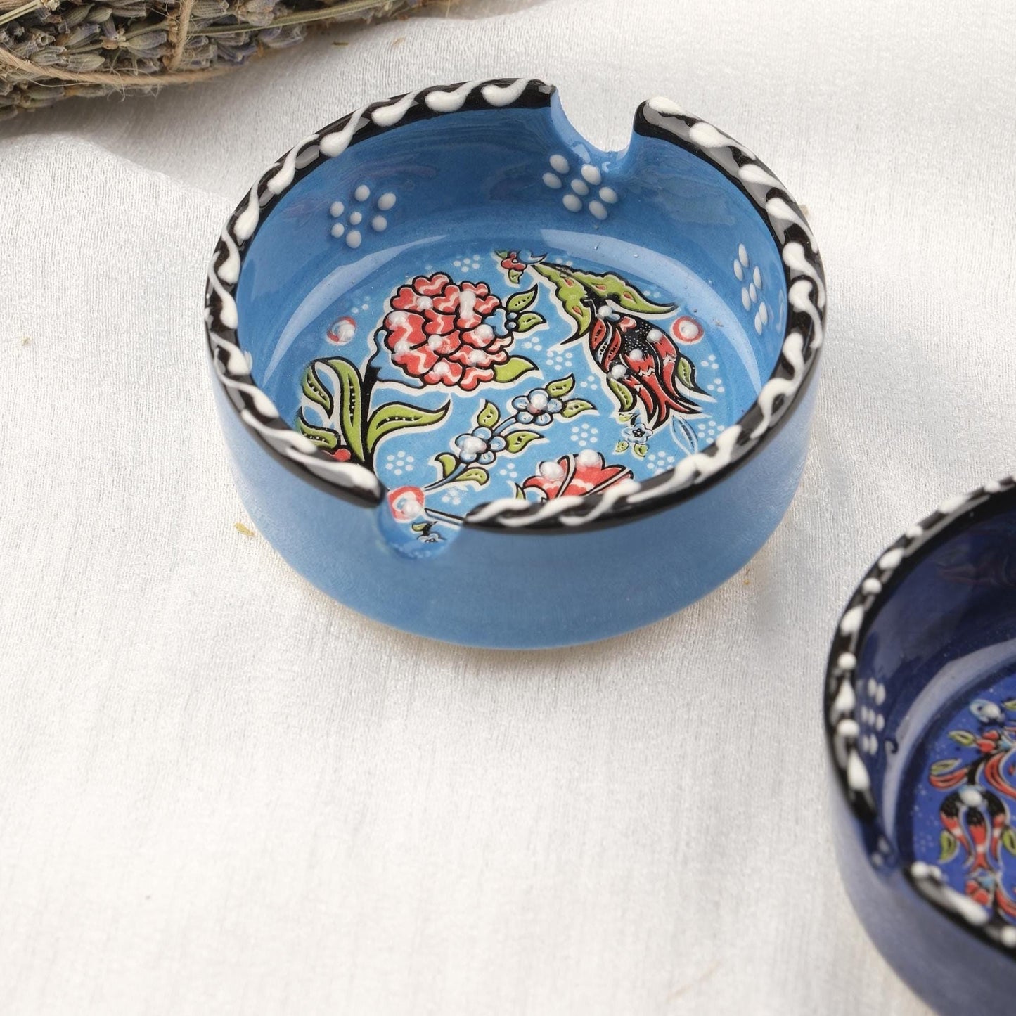 Buy1 Get1 | Navy Blue & Blue Ceramic Ashtray with Antique Lid Design, Handmade Small Vintage Smoking Tray, Stylish Ashtray Gift for Home