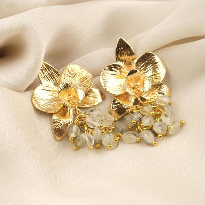 Prenhite Handmade Gold Plated Floral Stud Earrings With Gemstone Grapes, Artistic Botanical Jewelry, Statement Design For Elegant Looks