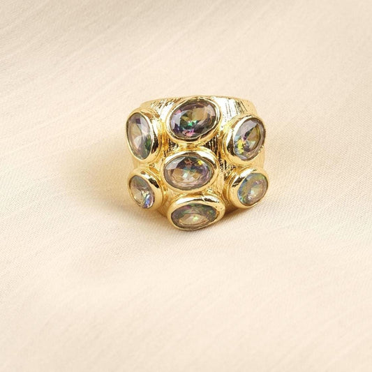 Handmade Ottoman Style Ring With Green Gemstone Cluster, Antique Looking And Vintage Style Gold Plated Ring With Regal And Artistic Details