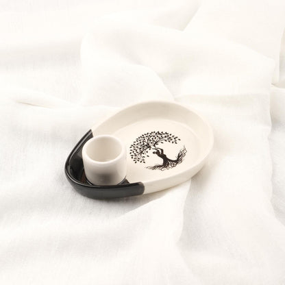 Black And White Ceramic Palo Santo Holder With Roots & Praying Woman Figure | Smudge Tray For Cleansing Rituals | 14x10x4cm Sandal Tray