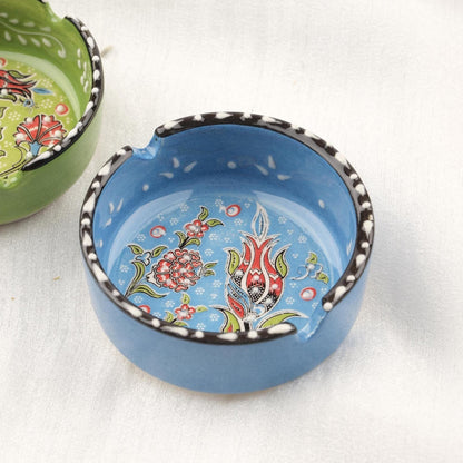 Buy1 Get1 | Green & Blue Ceramic Ashtray with Vintage Lid, Handmade Small Smoking Tray in Antique Style, Artistic Home Accent Gift Idea