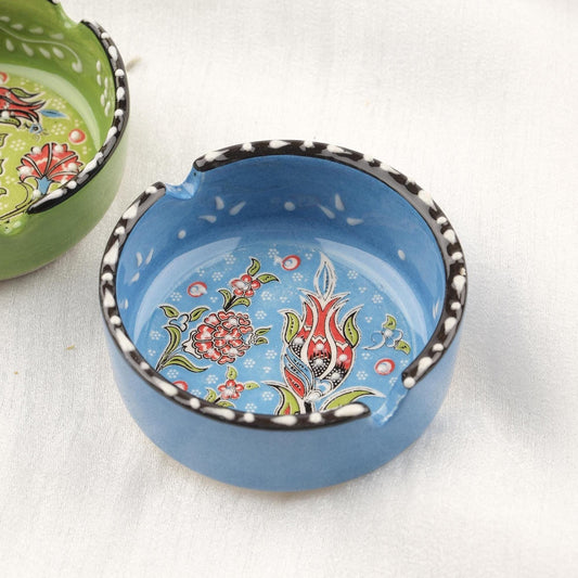 Buy1 Get1 | Green & Blue Ceramic Ashtray with Vintage Lid, Handmade Small Smoking Tray in Antique Style, Artistic Home Accent Gift Idea