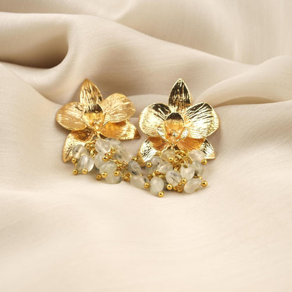 Prenhite Handmade Gold Plated Floral Stud Earrings With Gemstone Grapes, Artistic Botanical Jewelry, Statement Design For Elegant Looks