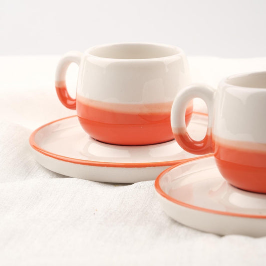 Buy1 Get1 Espresso Cup With Plate Set | 4 Pcs Orange & Unique Ceramic Espresso Coffee Gift Set | 6x6x5cm , Authentic Gift for Coffee Lovers