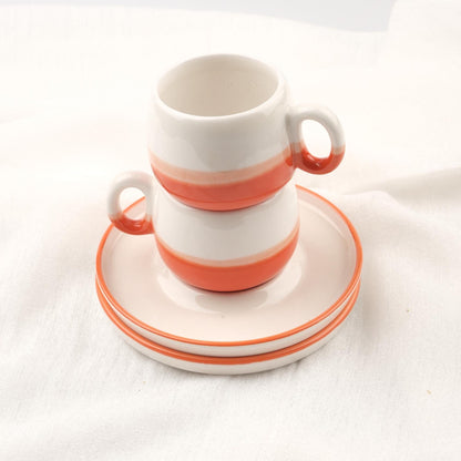 Buy1 Get1 Espresso Cup With Plate Set | 4 Pcs Orange & Unique Ceramic Espresso Coffee Gift Set | 6x6x5cm , Authentic Gift for Coffee Lovers
