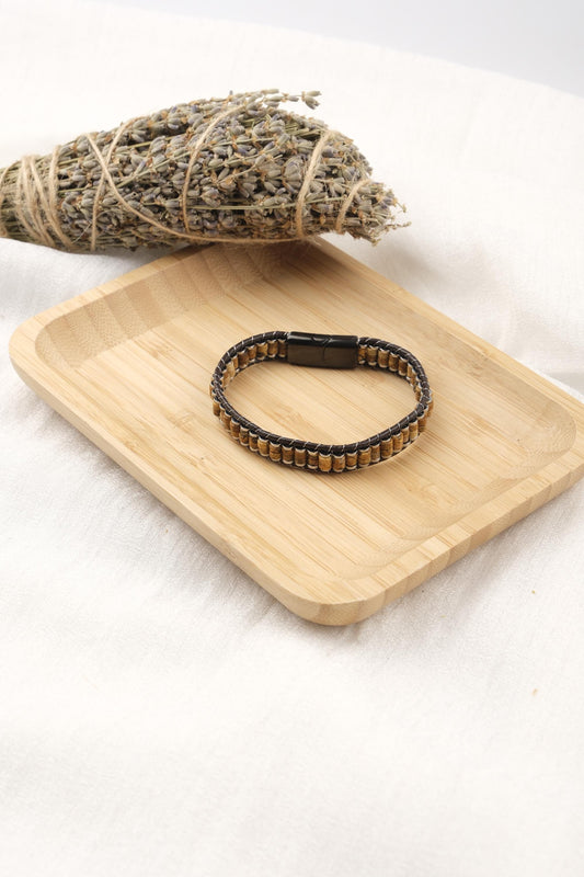 Stones of Courage and Grounding, Tiger Eye & Hematite Leather Bracelet for Men, Crystal Wristband Gift for Him