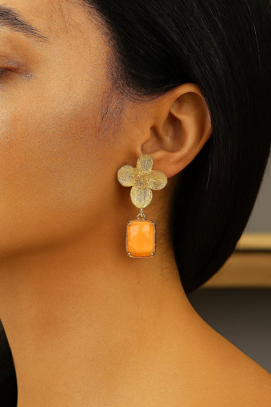 Handmade Gold Plated Flower Stud Earrings, Elegant Orange Gemstone Drop Design, Artistic Floral Charm, Unique Statement Gift for Her