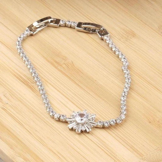 Silver Tennis Bracelet For Women With Flower And Emerald Charm, Romantic Elegant Jewelry Piece For Her, Timeless Bracelet Gift Idea