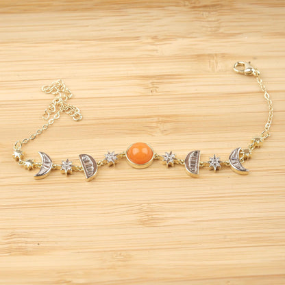 Orange Moon & Star Charm Bracelet for Women, Gold Celestial Jewelry with Vibrant Orange Accent Stone, Warm Gift for Her, 22cm / 8.66in