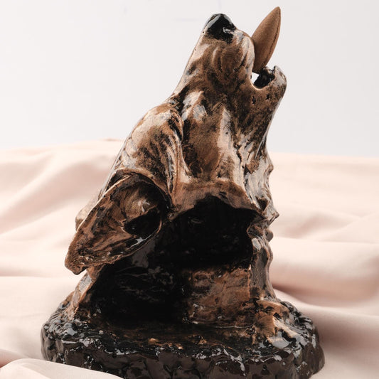 Gold Black Howling Wolf Backflow Incense Holder & Burner in Resin | Unique Ash Catcher for Meditation Lovers, Authentic Yoga Accessories