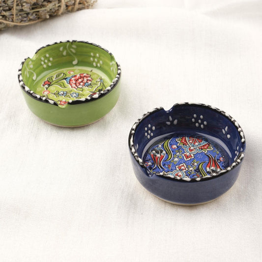 Buy1 Get1 | Green & Navy Blue Ceramic Ashtray Set with Vintage Lids, Handmade Smoking Tray, Elegant Antique Style Decorative Ashtray Gifts