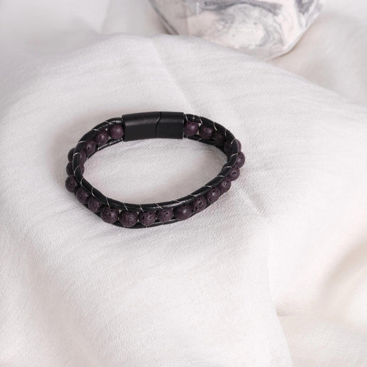 Black Carbon Matte Gemstone Bracelet for Men, Real Leather, Steel Wrapped, 22cm, Durable Masculine Design