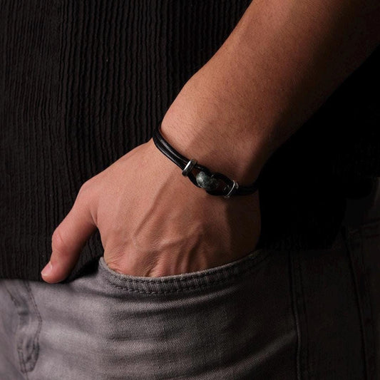 Silver Detailed Leather Cord Jasper Jade Men's Bracelet with Moonstone – 25 cm – Gift for Him, Mens Casual Bracelet, Leather Men’s Jewelry