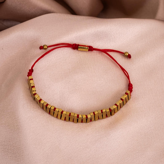 Geometric Bronze Bracelet for Men, Red Cord with Adjustable Fit, Meditation Jewelry for Modern Style and Confidence, Spiritual Gift for Him