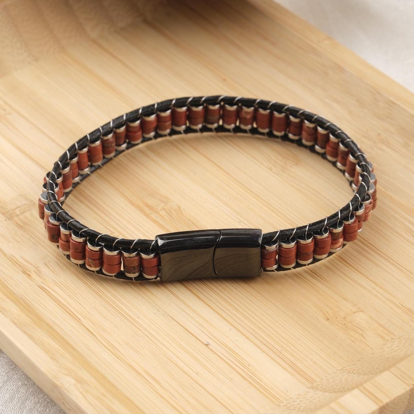 Stone of Vitality, Red Jasper Leather Bracelet for Men, Natural Gemstone and Leather Bracelet Gift, Crystal Jewelry for Him | Titanium Lock