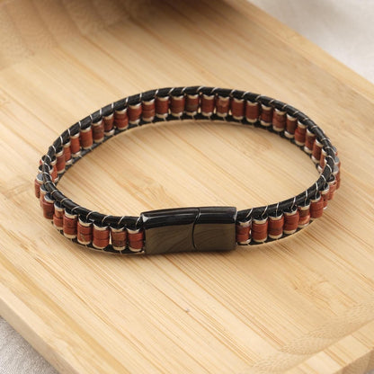 Stone of Vitality, Red Jasper Leather Bracelet for Men, Natural Gemstone and Leather Bracelet Gift, Crystal Jewelry for Him | Titanium Lock
