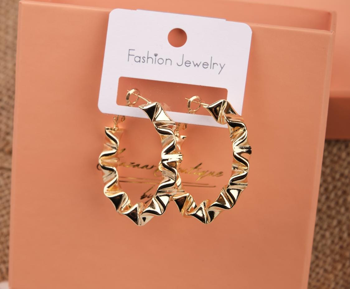 Gold Sculpted Abstract Art Hoop Earrings For Women, Unique Hypoallergenic Jewelry, Bold Fashion Made In Brass