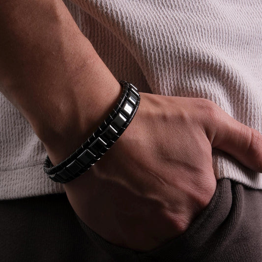 Hematite and Black Leather Men's Bracelet | Titanium Lock – 22cm(8.66in) Stainless Steel Finish Masculine and Durable with